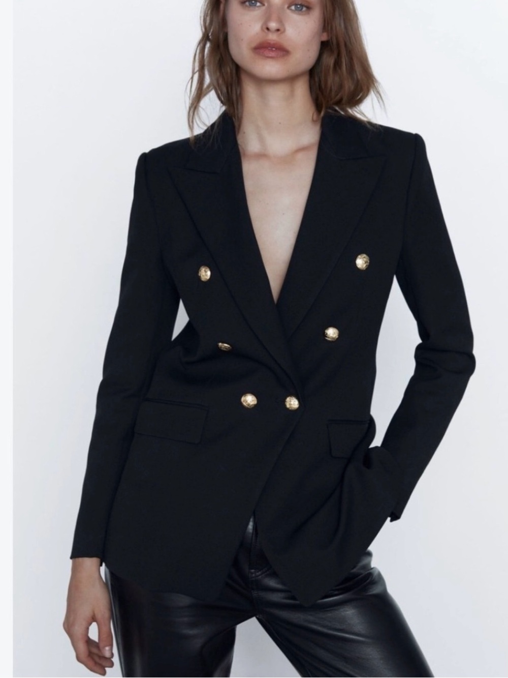 ZARA Double-Breasted Blazer with Gold Embossed Buttons in Black